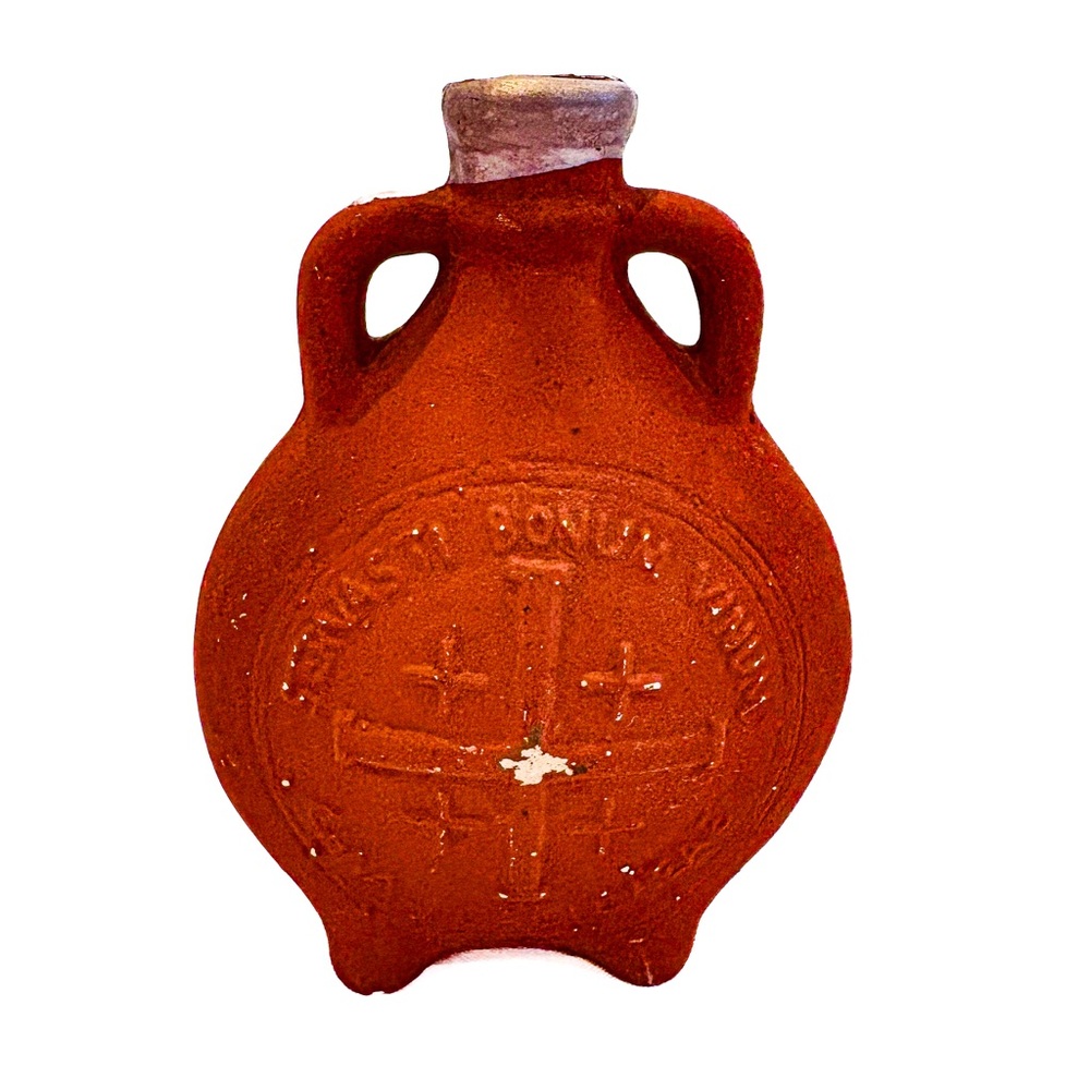 Vintage Terracotta Pilgrim Flask • Jerusalem Cross Holy Land Clay Vessel